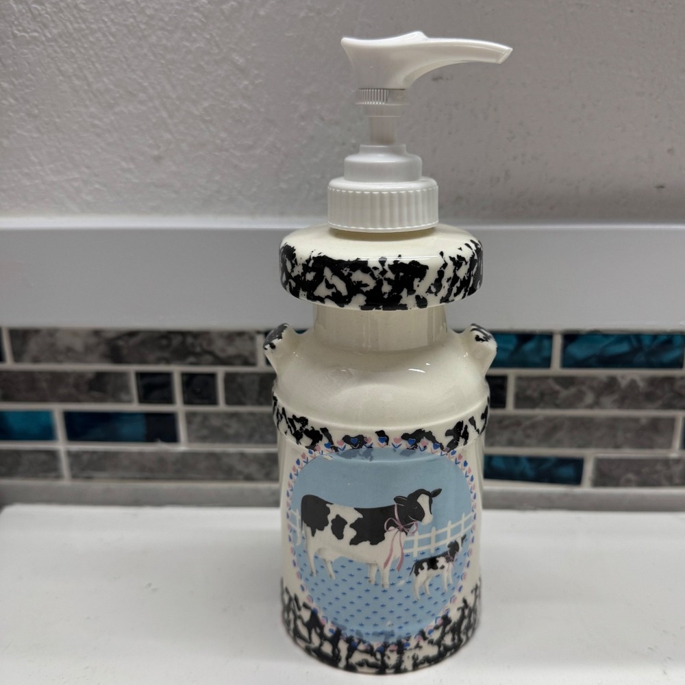 Vintage Country Cow Ceramic Milk Can Soap Lotion Dispenser Farmhouse Decor